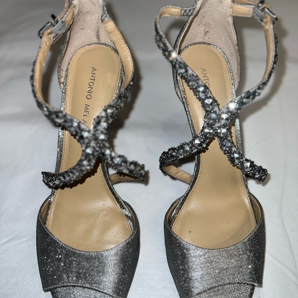stunning ANTONIO MELANI Glittering Beaded Rhinestone Silver Heels Sparkly